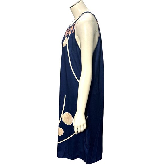 CCC Navy Blue Sleeveless Geometric Print Dress Mesh Detail Circle Pattern Large - Picture 2 of 8